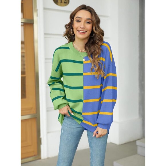 Womens Knitted Crew Neck Sweater Color Block Long Sleeve Lightweight Casual - Picture 2 of 5